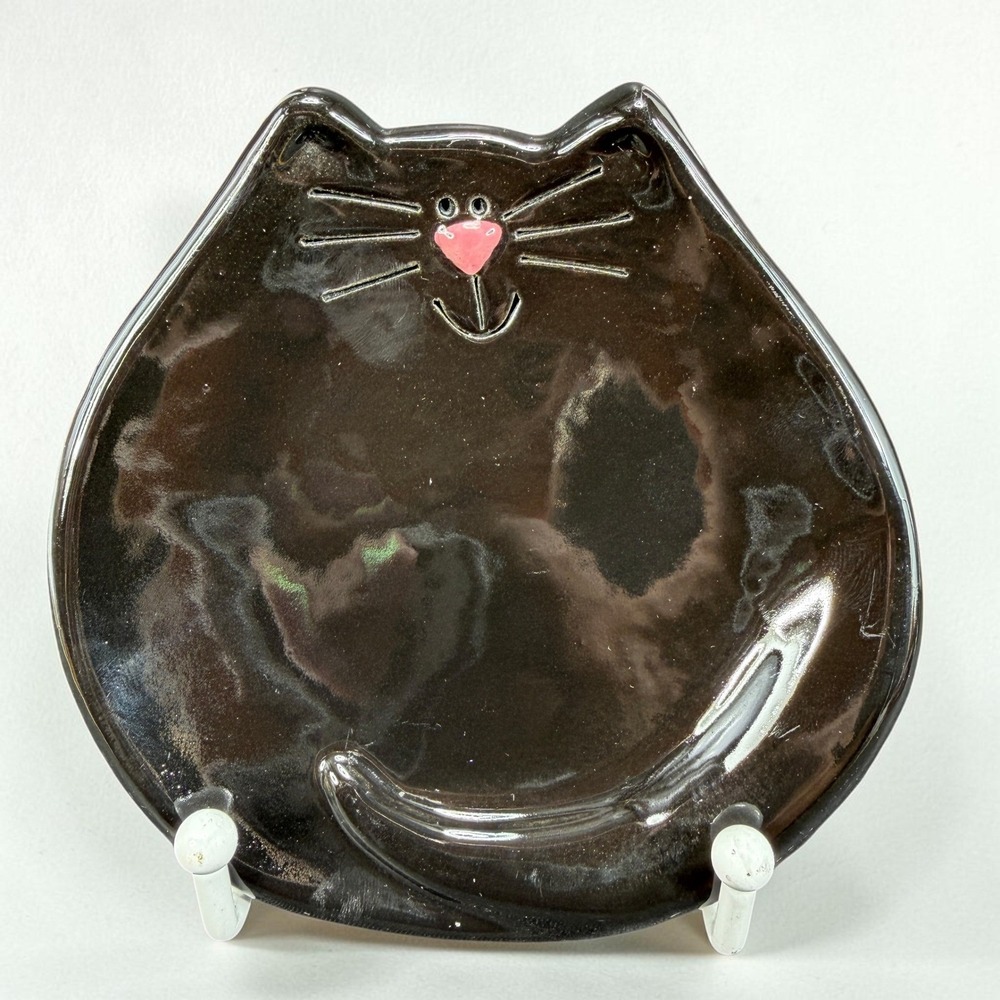 August Ceramics Black Cat Trinket Dish Jewelry Tray Made in USA 5 Inch Glossy